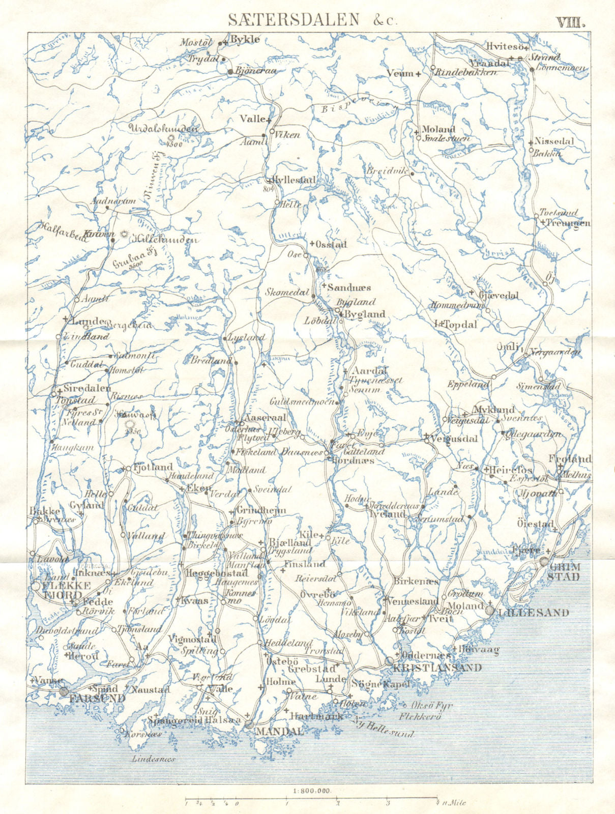 NORWAY. Saetersdalen. Lillesand. Kristiansand. Mandal 1896 old antique map